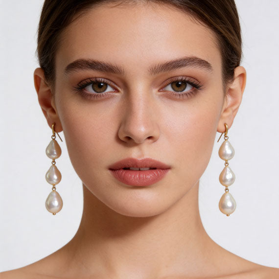 Three Baroque Gold Beads Long Earrings for Women