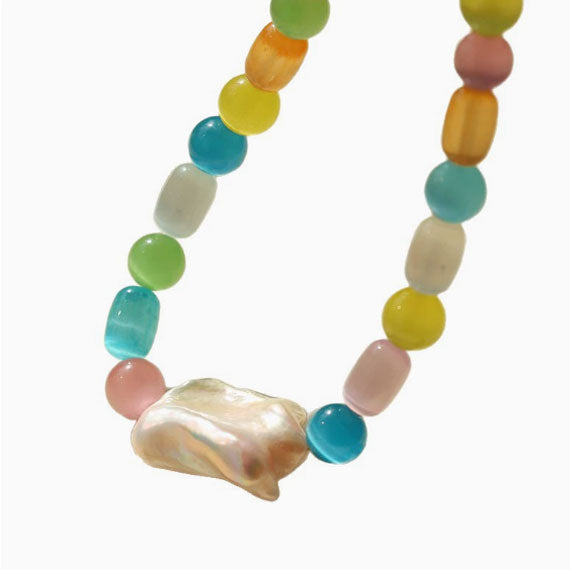 Colorful Dopamine Cat's Eye Stone Fresh Sweet Natural Baroque Candy Color Clavicle Necklace