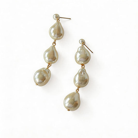 Three Baroque Gold Beads Long Earrings for Women