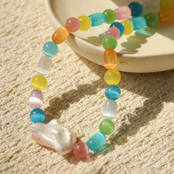 Colorful Dopamine Cat's Eye Stone Fresh Sweet Natural Baroque Candy Color Clavicle Necklace