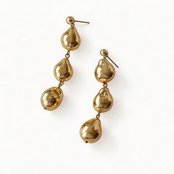 Three Baroque Gold Beads Long Earrings for Women