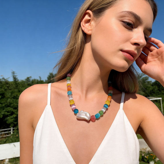 Colorful Dopamine Cat's Eye Stone Fresh Sweet Natural Baroque Candy Color Clavicle Necklace