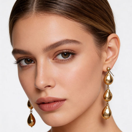 Three Baroque Gold Beads Long Earrings for Women