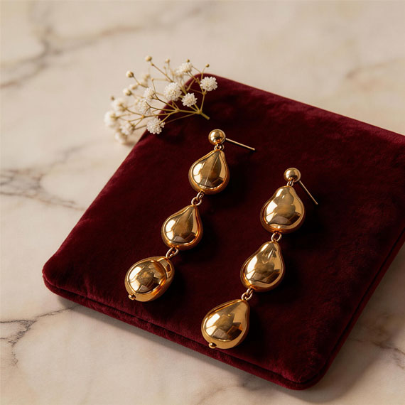 Three Baroque Gold Beads Long Earrings for Women