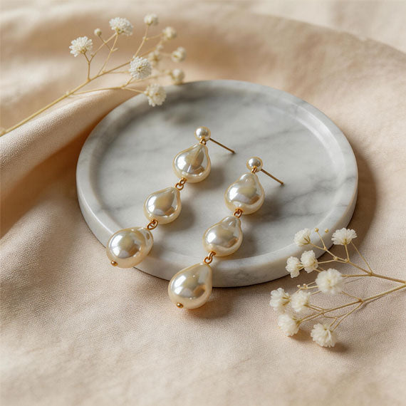 Three Baroque Gold Beads Long Earrings for Women