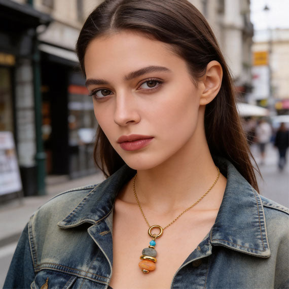 Wishing Tower Natural Stone Beaded Pendant Long Necklace