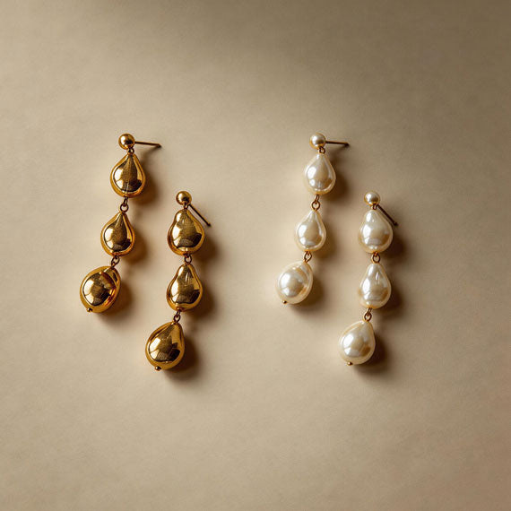 Three Baroque Gold Beads Long Earrings for Women